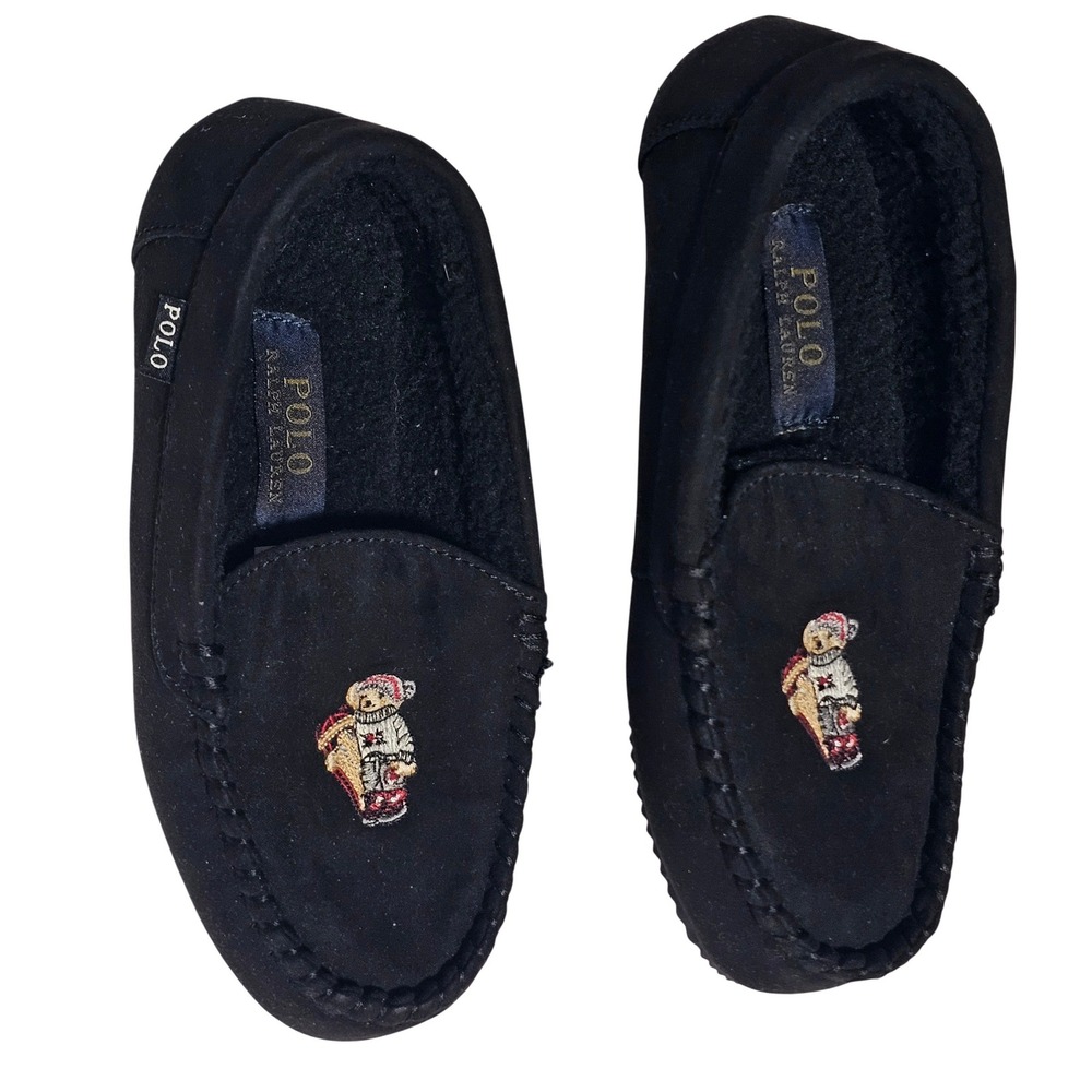 Polo Ralph Lauren Kids Black Polo Bear Dezi IV Moccasin Slippers Size 5 Big Kid